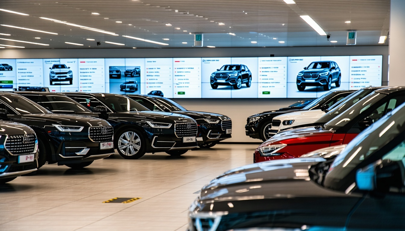 An image of a bustling automotive dealership with